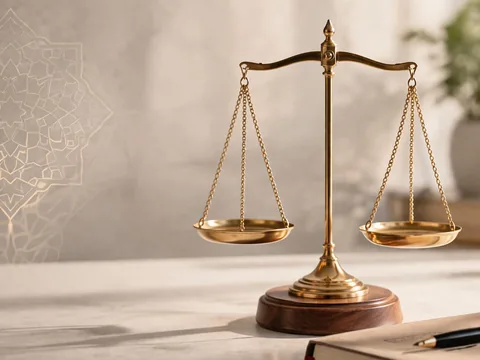 Balance dorée de la justice posée sur un bureau, à côté d’un livre et d’un stylo