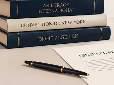 Trois ouvrages juridiques (Arbitrage international, Convention de New York, Droit algérien) et un stylo posé sur une sentence arbitrale